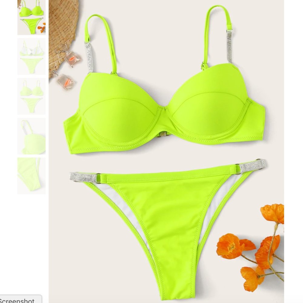 NEW Swimsuit Plain 2 pieces Set Push up Top + bikini bottom Volt Silver MEDIUM